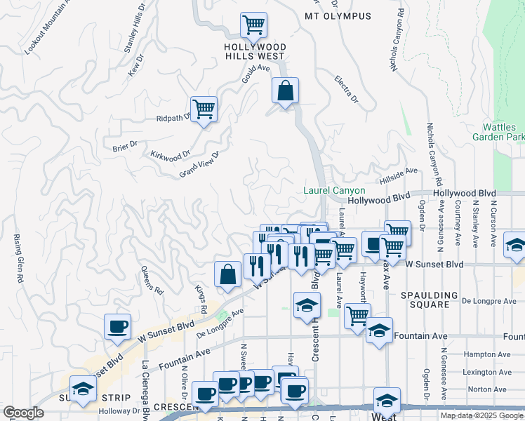 map of restaurants, bars, coffee shops, grocery stores, and more near 1646 Woods Drive in Los Angeles