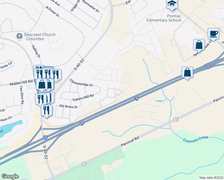 map of restaurants, bars, coffee shops, grocery stores, and more near 1155 Clemson Frontage Road in Columbia