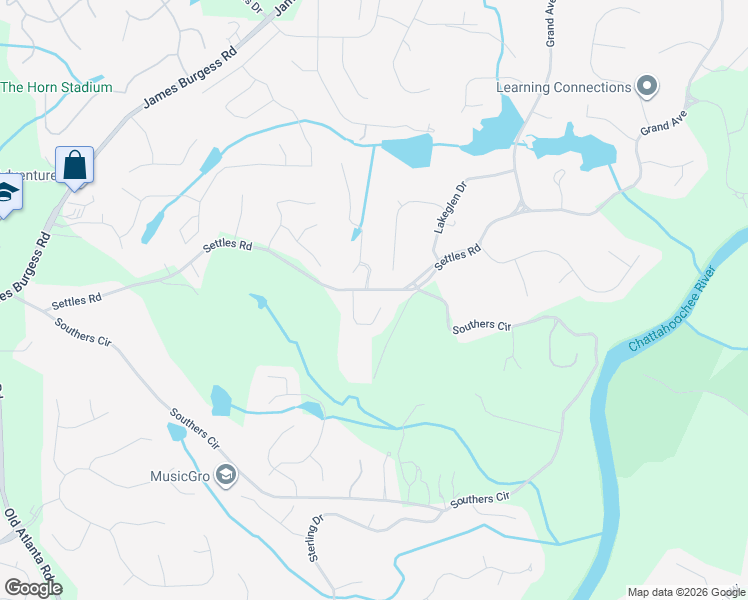map of restaurants, bars, coffee shops, grocery stores, and more near 1055 Cascade Run Court in Suwanee