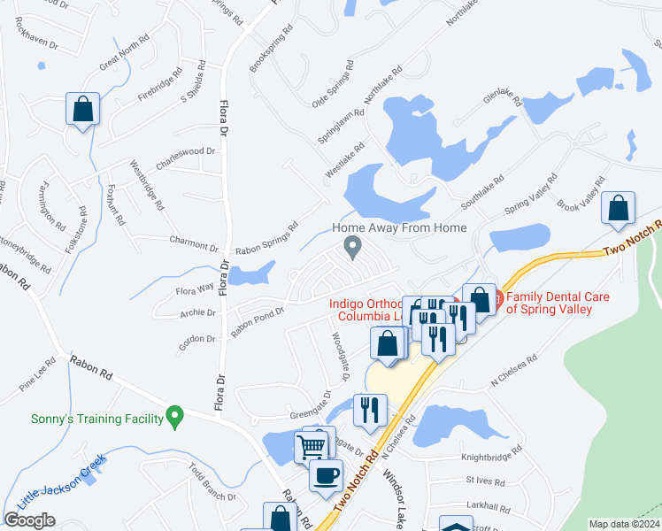 map of restaurants, bars, coffee shops, grocery stores, and more near 585 Scarlet Sage Lane in Columbia