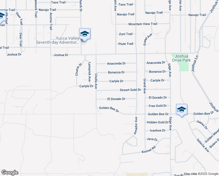map of restaurants, bars, coffee shops, grocery stores, and more near 56492 Desert Gold Drive in Yucca Valley