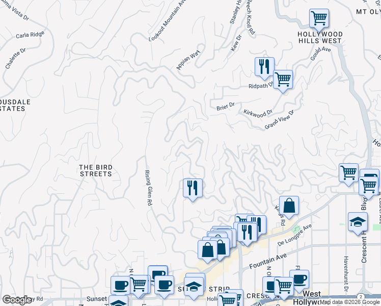 map of restaurants, bars, coffee shops, grocery stores, and more near 8721 Sunset Plaza Terrace in Los Angeles