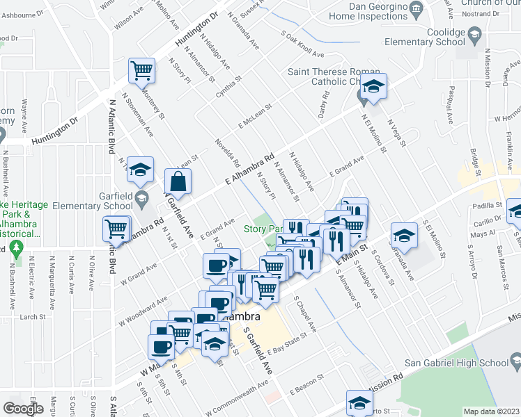 map of restaurants, bars, coffee shops, grocery stores, and more near 336 North Chapel Avenue in Alhambra