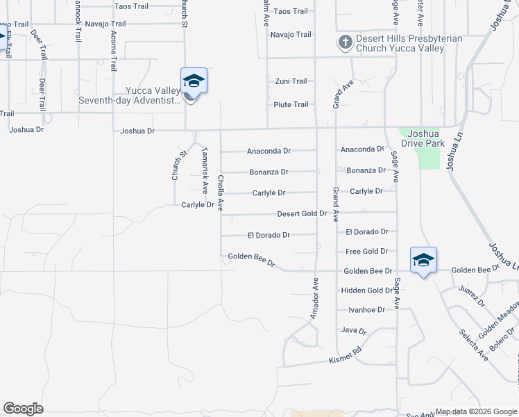 map of restaurants, bars, coffee shops, grocery stores, and more near 56512 Desert Gold Drive in Yucca Valley