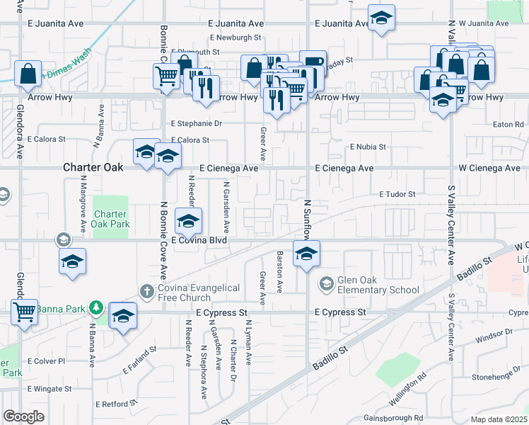map of restaurants, bars, coffee shops, grocery stores, and more near 1144 Lyman Avenue in Covina