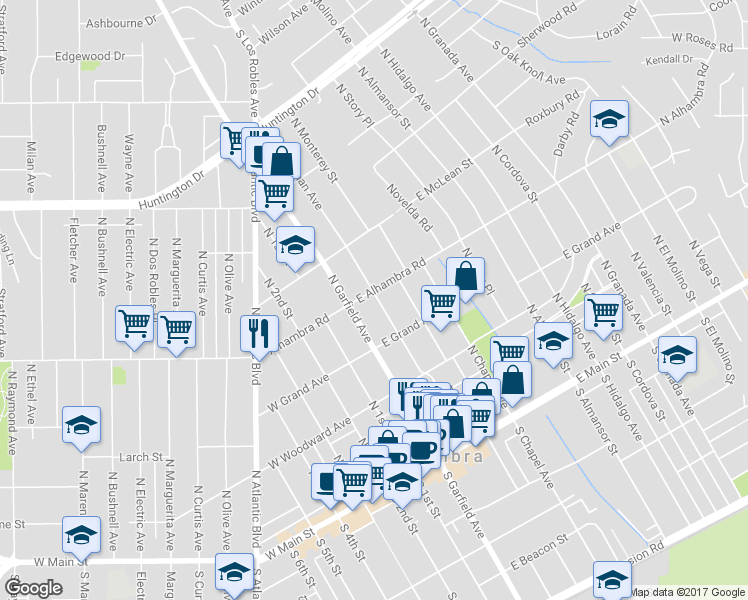 map of restaurants, bars, coffee shops, grocery stores, and more near 100 East Alhambra Road in Alhambra