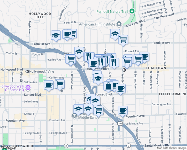 map of restaurants, bars, coffee shops, grocery stores, and more near 5717 Carlton Way in Los Angeles