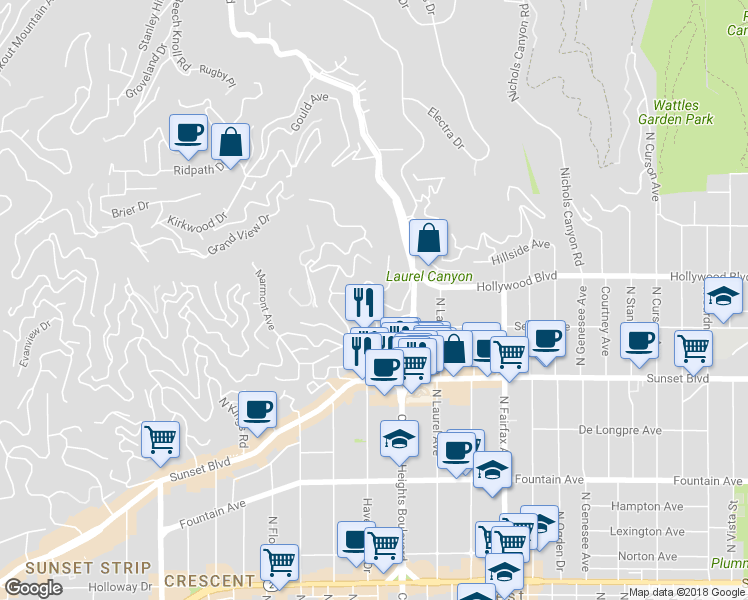 map of restaurants, bars, coffee shops, grocery stores, and more near 8161 Hollywood Blvd in Los Angeles