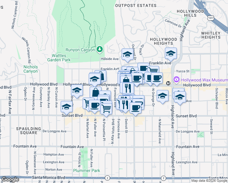 map of restaurants, bars, coffee shops, grocery stores, and more near 1635 North Formosa Avenue in Los Angeles