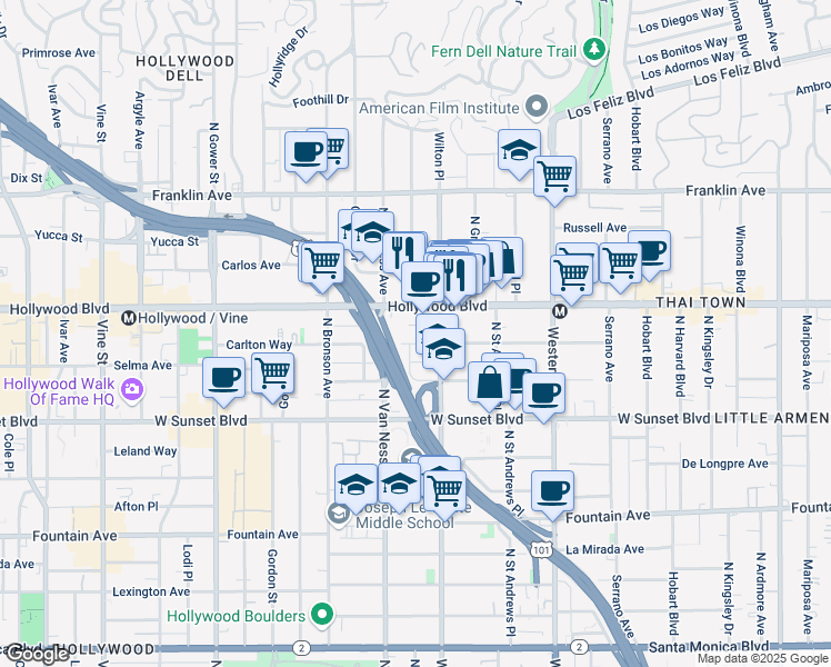 map of restaurants, bars, coffee shops, grocery stores, and more near 5727 Carlton Way in Los Angeles