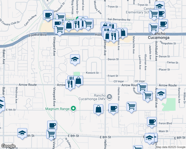 map of restaurants, bars, coffee shops, grocery stores, and more near 9201 Konocti Street in Rancho Cucamonga