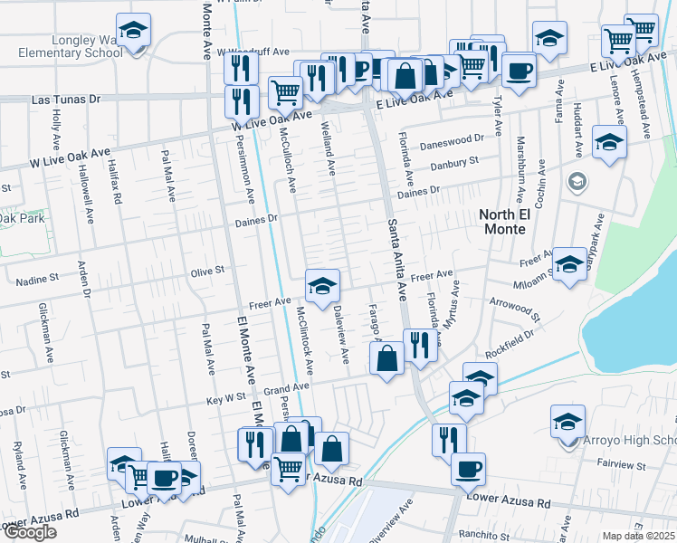 map of restaurants, bars, coffee shops, grocery stores, and more near 5323 Welland Avenue in Temple City