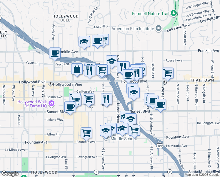 map of restaurants, bars, coffee shops, grocery stores, and more near 5831 Carlton Way in Los Angeles