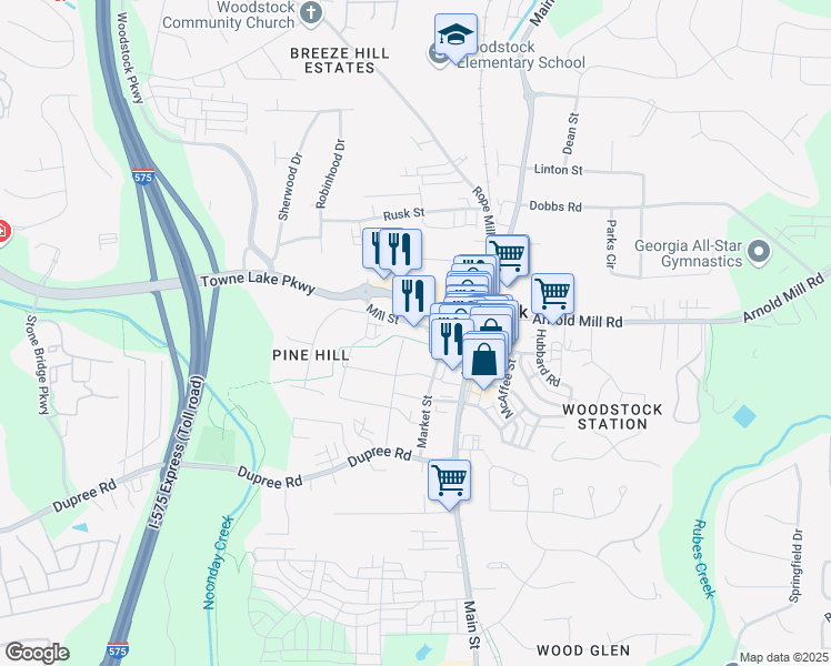 map of restaurants, bars, coffee shops, grocery stores, and more near 115 Mill Street in Woodstock