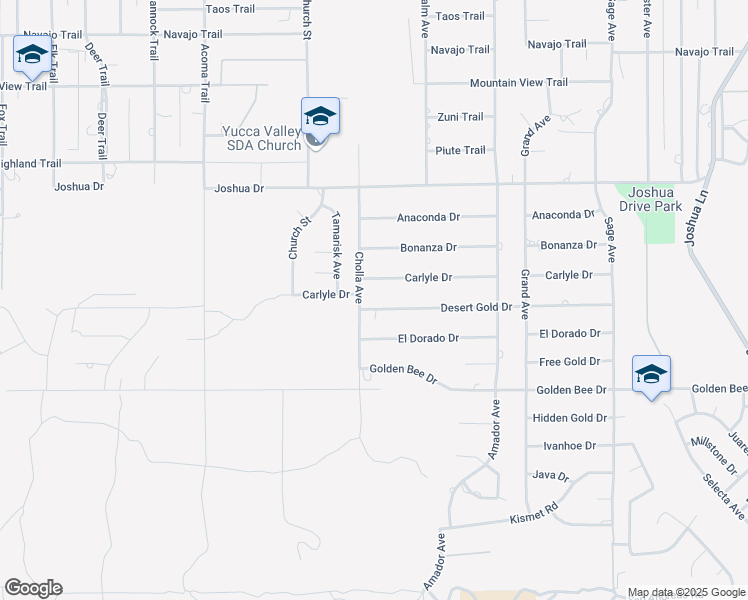 map of restaurants, bars, coffee shops, grocery stores, and more near 56434 Desert Gold Drive in Yucca Valley