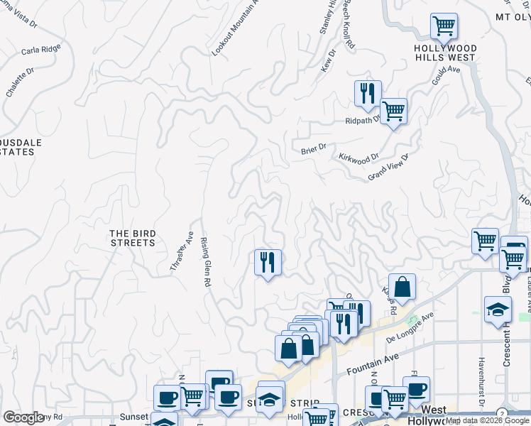 map of restaurants, bars, coffee shops, grocery stores, and more near 8721 Sunset Plaza Terrace in Los Angeles