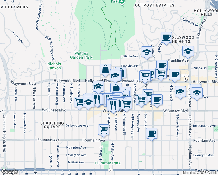 map of restaurants, bars, coffee shops, grocery stores, and more near 1635 North Martel Avenue in Los Angeles