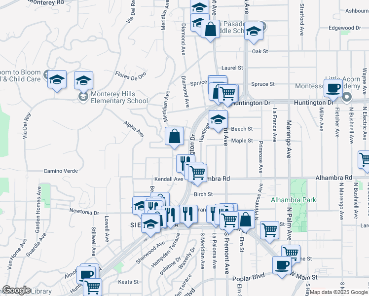 map of restaurants, bars, coffee shops, grocery stores, and more near 1160 Huntington Drive in South Pasadena