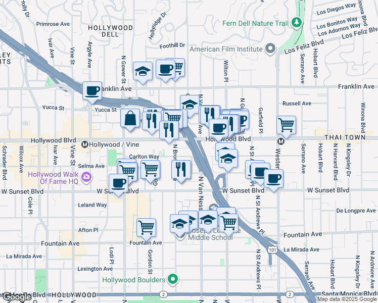 map of restaurants, bars, coffee shops, grocery stores, and more near 5827 Carlton Way in Los Angeles