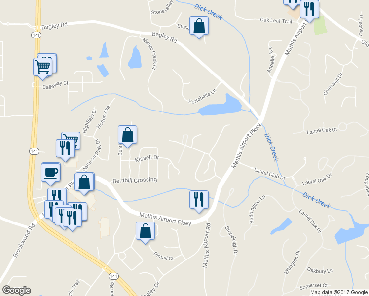 map of restaurants, bars, coffee shops, grocery stores, and more near Air Park Court in Suwanee
