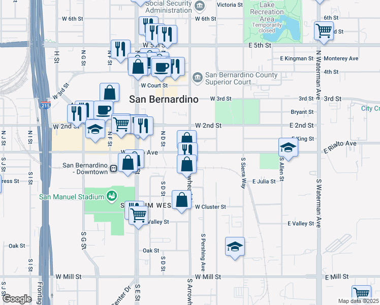 map of restaurants, bars, coffee shops, grocery stores, and more near 3 North Arrowhead Avenue in San Bernardino