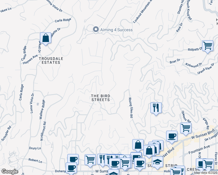map of restaurants, bars, coffee shops, grocery stores, and more near 1535 Blue Jay Way in Los Angeles