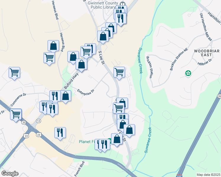map of restaurants, bars, coffee shops, grocery stores, and more near 4330 South Lee Street in Buford