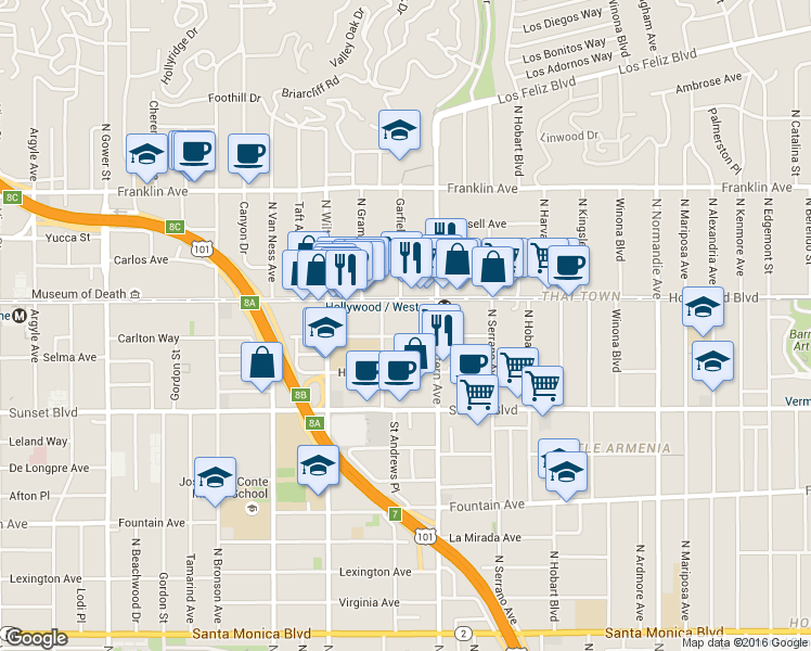 map of restaurants, bars, coffee shops, grocery stores, and more near 5535 Carlton Way in Los Angeles