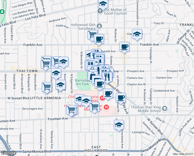 map of restaurants, bars, coffee shops, grocery stores, and more near 1611 North Vermont Avenue in Los Angeles