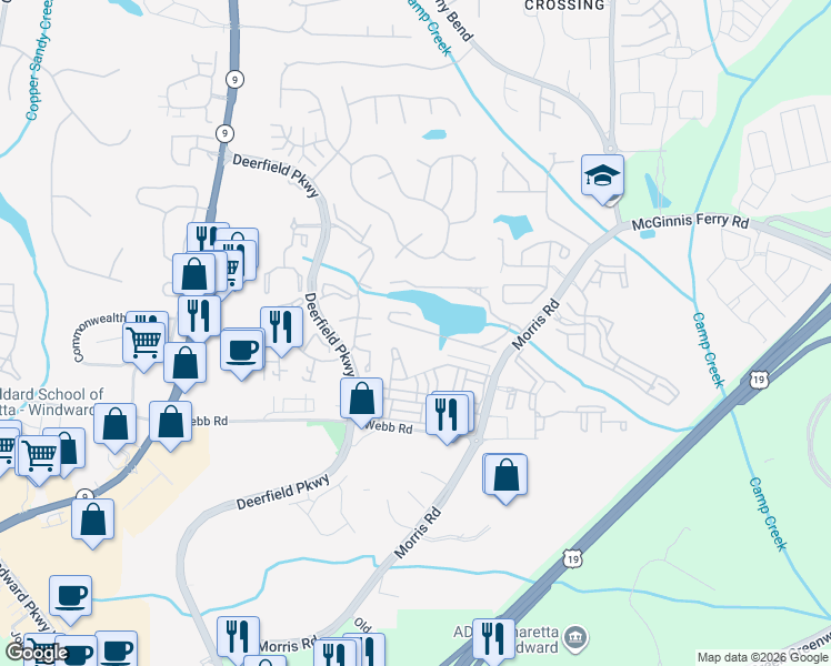 map of restaurants, bars, coffee shops, grocery stores, and more near 3379 Lathenview Court in Alpharetta