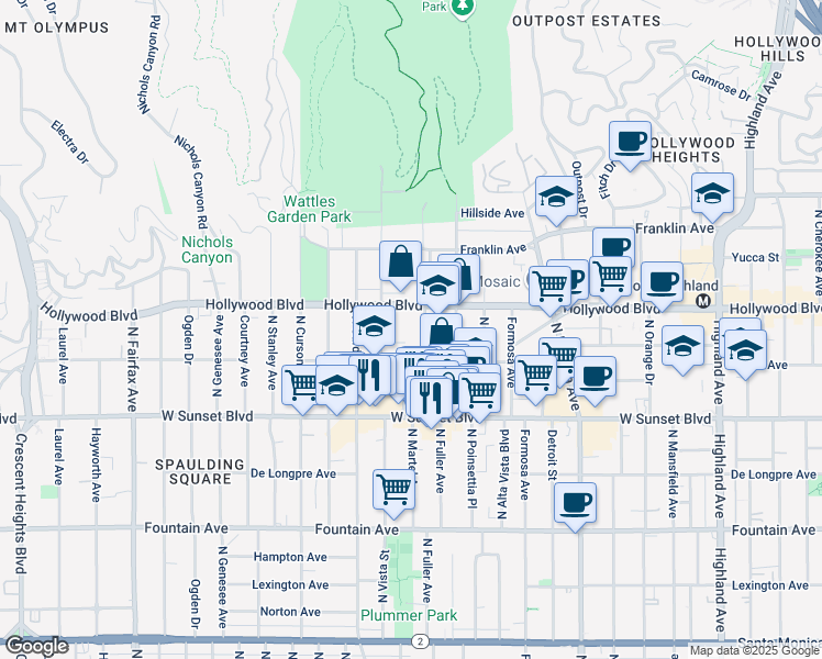 map of restaurants, bars, coffee shops, grocery stores, and more near 1635 North Martel Avenue in Los Angeles