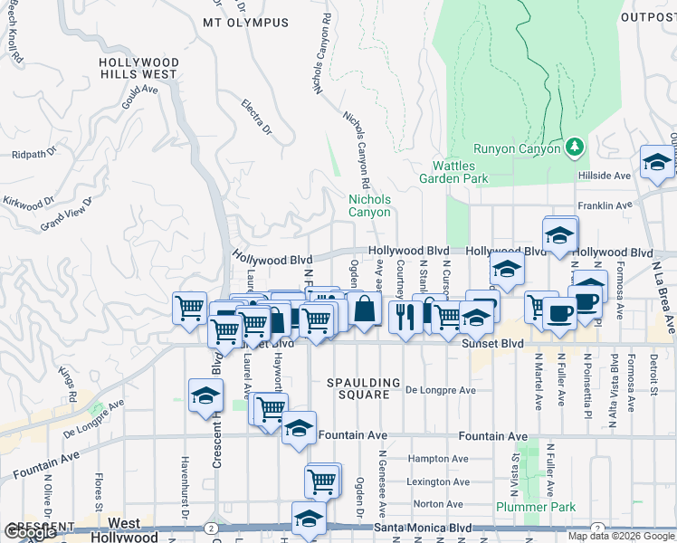 map of restaurants, bars, coffee shops, grocery stores, and more near 1637 North Orange Grove Avenue in Los Angeles