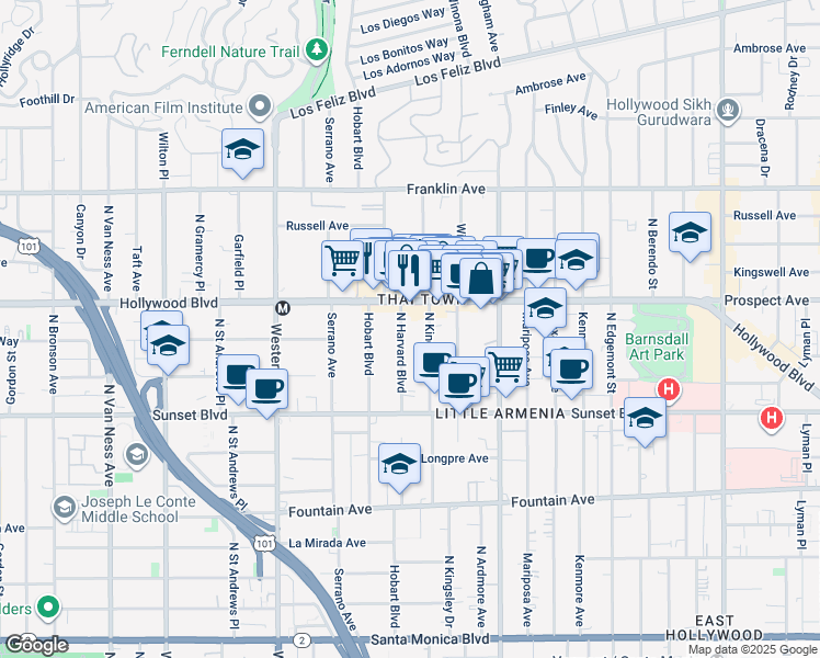 map of restaurants, bars, coffee shops, grocery stores, and more near 1641 North Kingsley Drive in Los Angeles