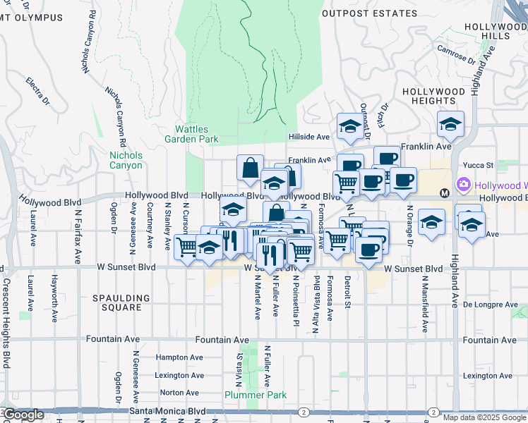 map of restaurants, bars, coffee shops, grocery stores, and more near 1635 North Martel Avenue in West Hollywood