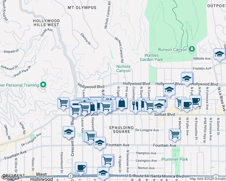 map of restaurants, bars, coffee shops, grocery stores, and more near 1632 North Orange Grove Avenue in West Hollywood