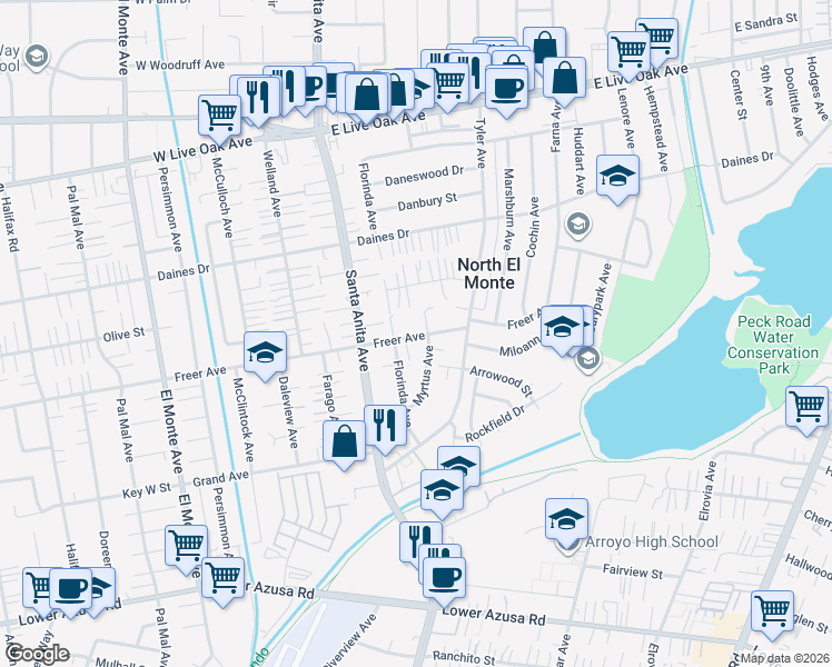 map of restaurants, bars, coffee shops, grocery stores, and more near 11125 Freer Avenue in Temple City