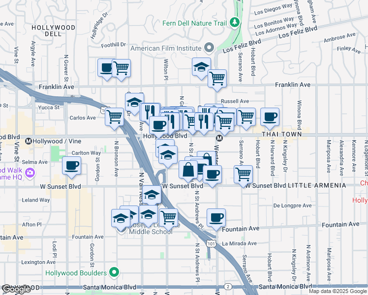 map of restaurants, bars, coffee shops, grocery stores, and more near 5617 Carlton Way in Los Angeles