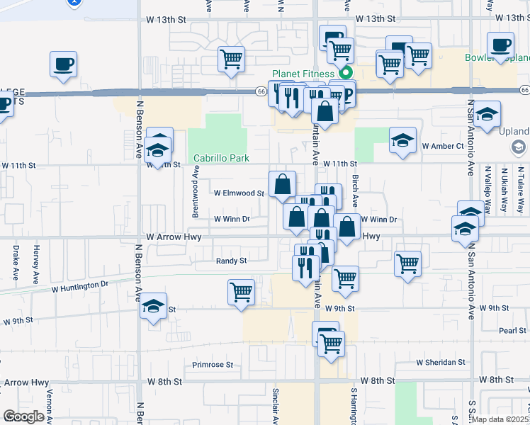 map of restaurants, bars, coffee shops, grocery stores, and more near 587 Silverwood Avenue in Upland