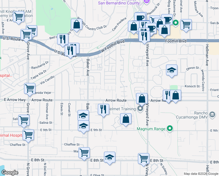 map of restaurants, bars, coffee shops, grocery stores, and more near 8630 Cava Drive in Rancho Cucamonga