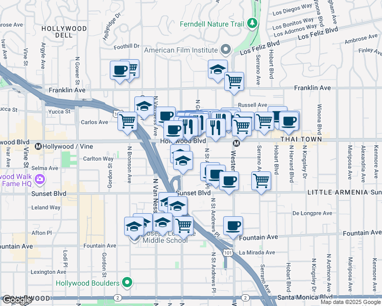 map of restaurants, bars, coffee shops, grocery stores, and more near 5633 Carlton Way in Los Angeles