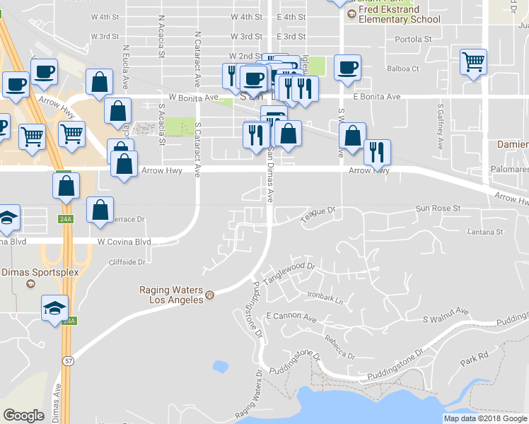 map of restaurants, bars, coffee shops, grocery stores, and more near 506 San Pablo Court in San Dimas