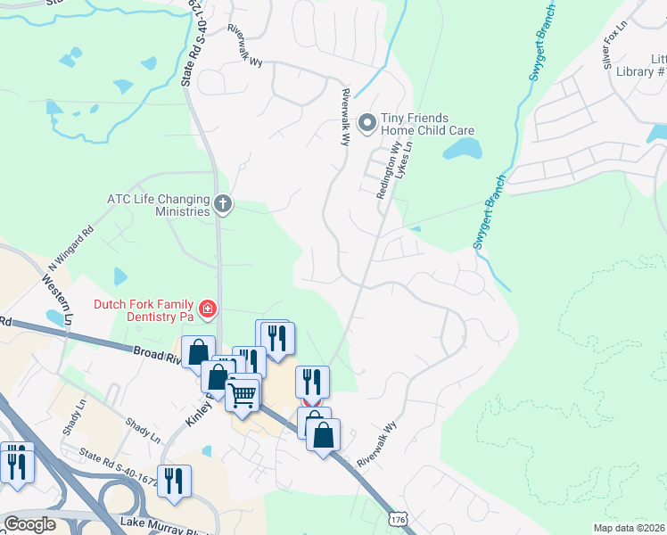 map of restaurants, bars, coffee shops, grocery stores, and more near 616 Riverwalk Way in Irmo