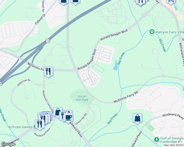 map of restaurants, bars, coffee shops, grocery stores, and more near 7565 Jamestown Drive in Alpharetta