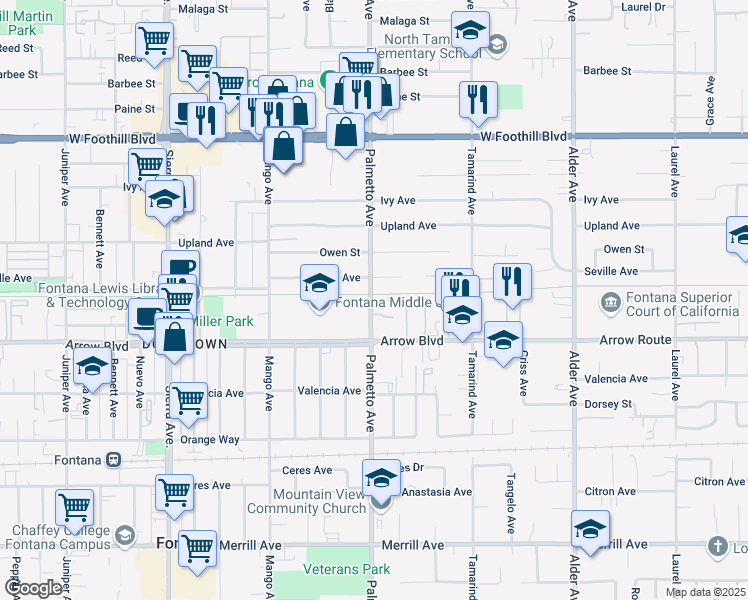 map of restaurants, bars, coffee shops, grocery stores, and more near 8407 Palmetto Avenue in Fontana