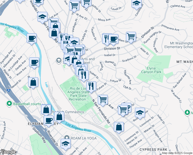 map of restaurants, bars, coffee shops, grocery stores, and more near 2842 Silver Street in Los Angeles