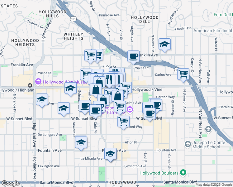map of restaurants, bars, coffee shops, grocery stores, and more near in Los Angeles