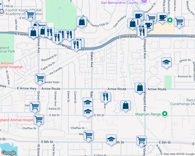 map of restaurants, bars, coffee shops, grocery stores, and more near 8542 Cava Drive in Rancho Cucamonga