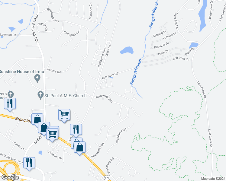 map of restaurants, bars, coffee shops, grocery stores, and more near 105 Hookston Way in Irmo