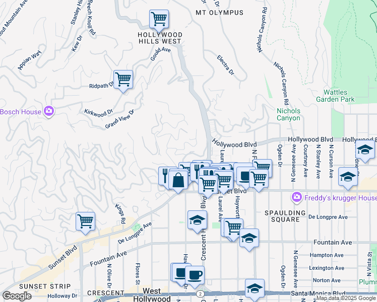 map of restaurants, bars, coffee shops, grocery stores, and more near 8161 Hollywood Boulevard in Los Angeles