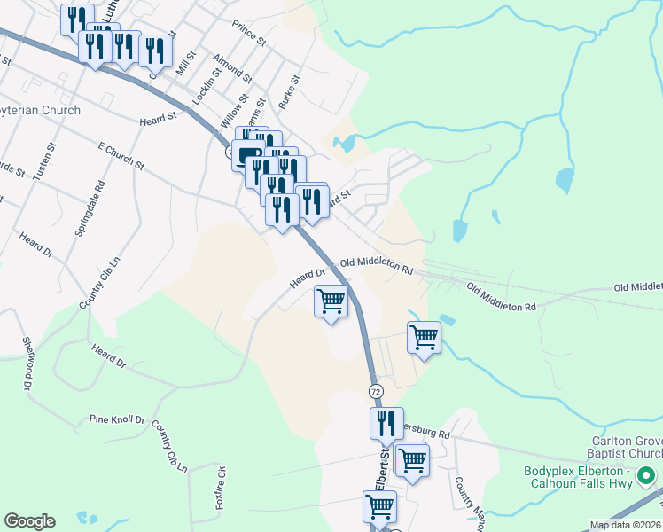 map of restaurants, bars, coffee shops, grocery stores, and more near 709 Elbert St in Elberton